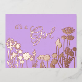 Lila | Goud Floral het is een 'Girl Birth'-aankond Folie Uitnodiging Briefkaart