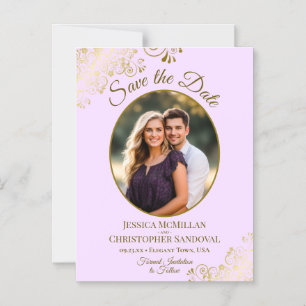 Lila & Goud Posh Trouw Save the Date Ovale Foto Magnetische Uitnodiging