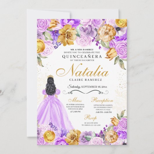 Lila Gouden Prinses Glitter Tiara Quinceanera Kaart (Voorkant)