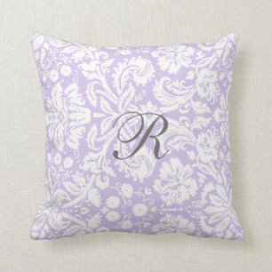 Lila grijs Damask Pattern Monogram Pillow Kussen