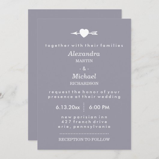Lila grijs met hart en pijl elegante bruiloft kaart (Voorkant / Achterkant)