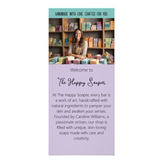 Lila Handgemaakte zeepwinkel workshops toeristisch Reclamekaart (Voorkant)
