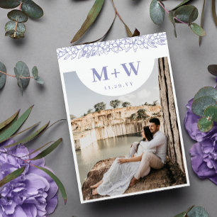 Lila Initialen & bloemen Moderne Foto dubbelzijdig Save The Date