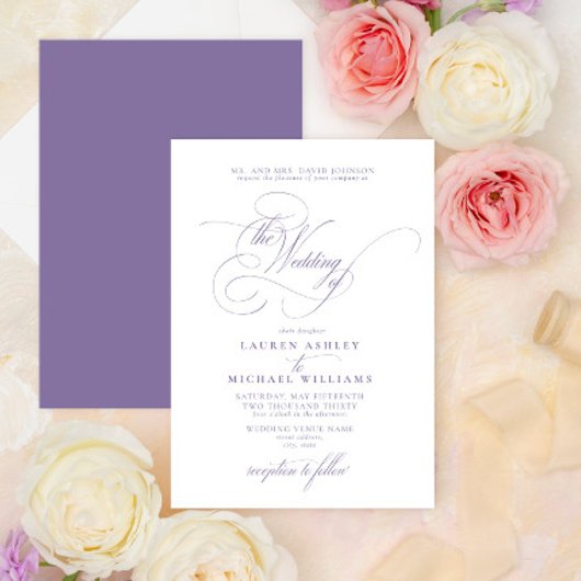 Lila lavender Calligraphy Wedding Kaart