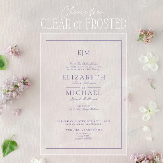 Lila lavender Classic Script Monogram Weddenschap Acryl Uitnodigingen