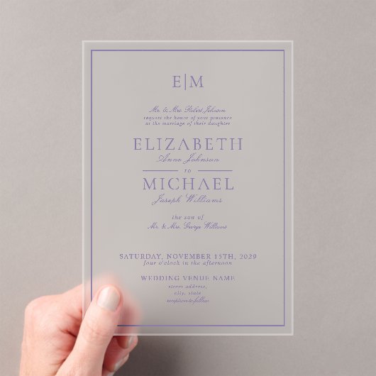 Lila lavender Classic Script Monogram Weddenschap Acryl Uitnodigingen (Insitu (Draagbaar))