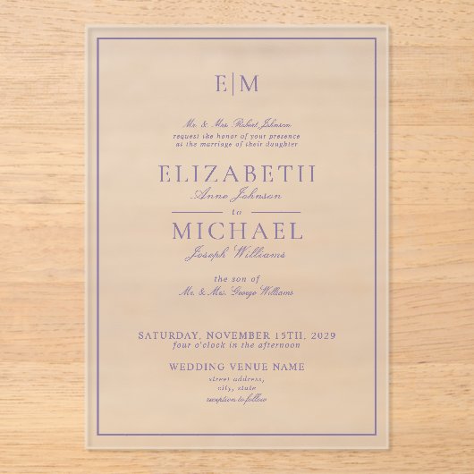Lila lavender Classic Script Monogram Weddenschap Acryl Uitnodigingen (Voorkant)