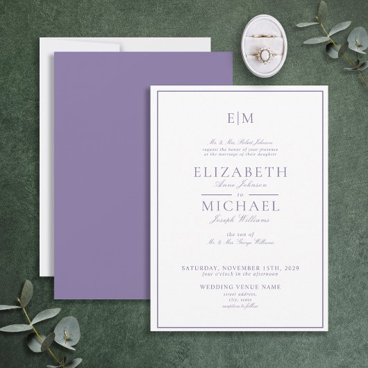 Lila lavender Classic Script Monogram Weddenschap Kaart
