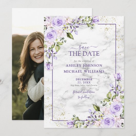 Lila Lavender Gold Geometric Photo Save the Date (Voorkant / Achterkant)