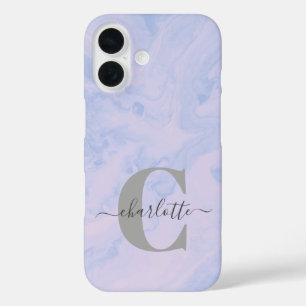 Lila Lavender Marble Elegant Monogram Naam iPhone 16 Hoesje
