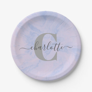 Lila Lavender Marble Elegant Monogram Naam Papieren Bordje