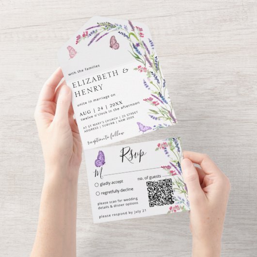 Lila Lavender Mauve Wedding Qr Code All In One Uitnodiging (Afscheurbaar)