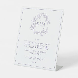 Lila Leafy Crest Monogram Bruiloft Gastenboek Reclamebord Met Voetstuk
