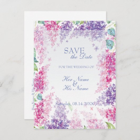 Lila lentevloerbloem bruiloft bewaart de datum aankondigingskaart (Voorkant / Achterkant)