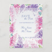 Lila lentevloerbloem bruiloft bewaart de datum aankondigingskaart (Voorkant)