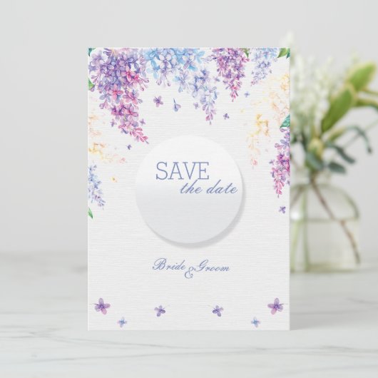 Lila lentevloerbloem bruiloft bewaart de datum save the date (Staand voorkant)