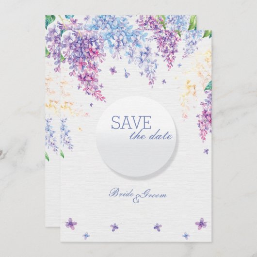 Lila lentevloerbloem bruiloft bewaart de datum save the date (Voorkant / Achterkant)