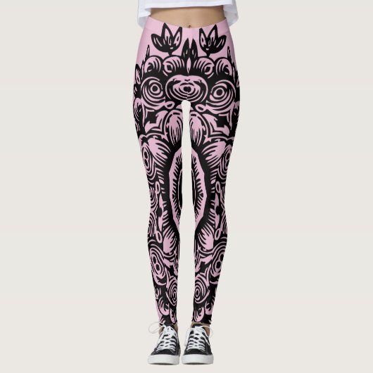 Lila met Black Damask Pattern Athletic Leggings (Voorkant)