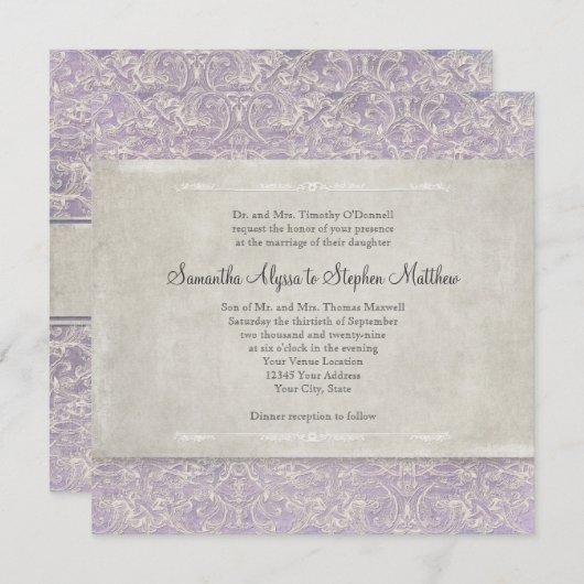 Lila met grijs Frans Regency Lace Etched Kaart (Voorkant / Achterkant)