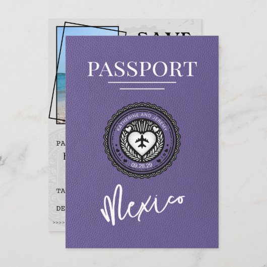 Lila Mexicaans paspoort Bewaar de datum Save The Date (Voorkant / Achterkant)