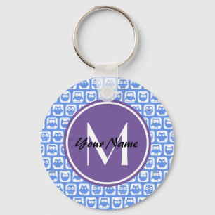 Lila Monogram Blauw en Witte Owl Patroon Sleutelhanger