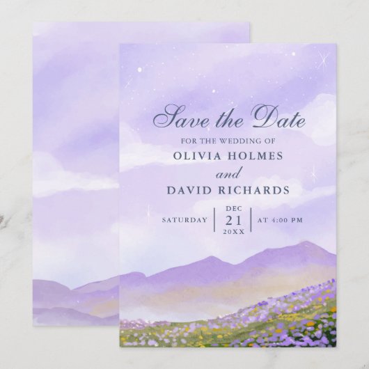 Lila Night Sky Landscape Save the Date Kaart (Voorkant / Achterkant)