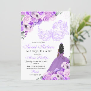 Lila Paars Floral Masquerade Sweet 16 Uitnodiging