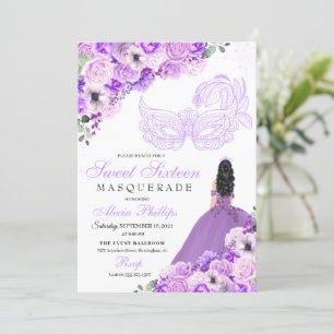 Lila Paars Floral Masquerade Sweet 16 Uitnodiging
