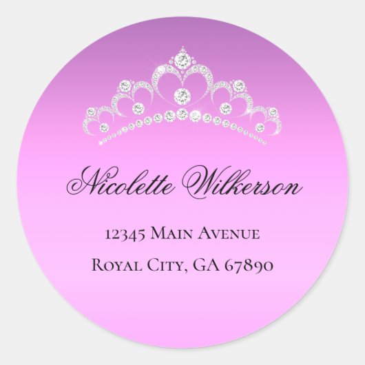 Lila Paars kroonadreslabel Tiara Ronde Sticker (Voorkant)