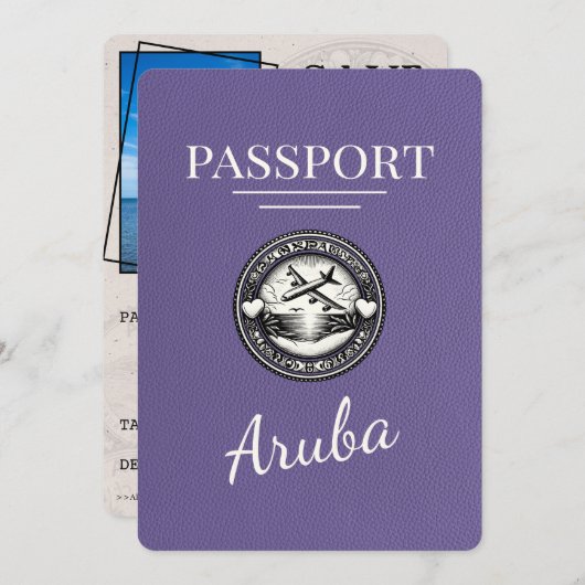 Lila Paarse Aruba Paspoort Bewaar de datum Save The Date (Voorkant / Achterkant)