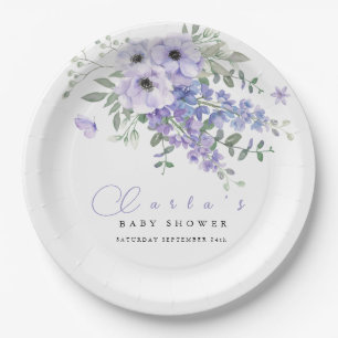 Lila paarse bloemen baby shower papieren bordje