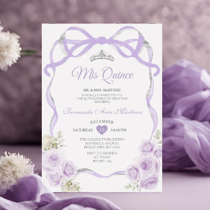 Lila Paarse Bloemen Boog Lint Zilver Mis Quince Kaart