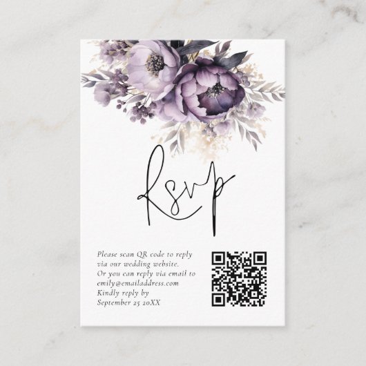 Lila Paarse Bloemen QR Code Bruiloft RSVP Kaart (Voorkant)