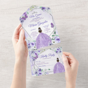 Lila Paarse Bloemige Prinses Quinceañera All In One Uitnodiging