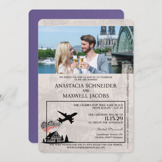 Lila Paarse Duitsland Paspoort bruiloft Kaart (Voorkant / Achterkant)
