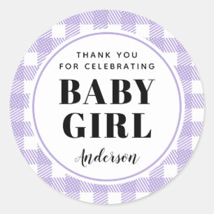 Lila Paarse Gingham Plaid Dank u Baby Meisje Ronde Sticker