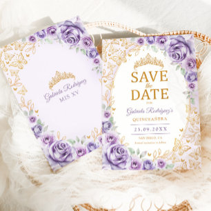 Lila Paarse Gouden Bloemige Quinceanera Save The Date