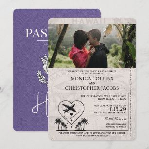 Lila Paarse Hawaii Passport bruiloft uitnodiging