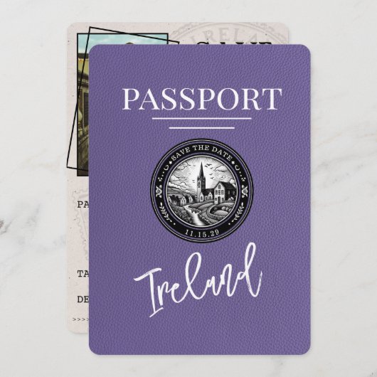 Lila Paarse Ierland Paspoort Bewaar de datum Save The Date (Voorkant / Achterkant)