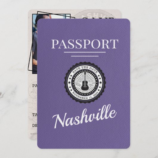 Lila Paarse Nashville Passport Bewaar de datum Save The Date (Voorkant / Achterkant)