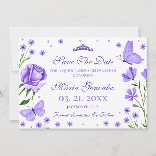 Lila Paarse Quinceañera 15e verjaardagsfeest Save The Date (Voorkant)