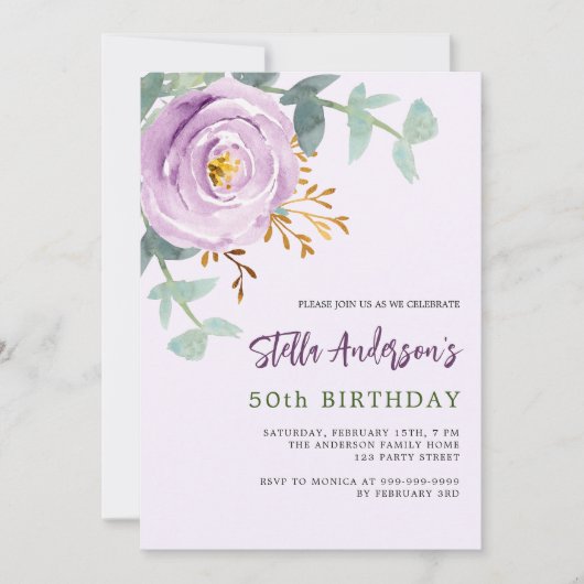 Lila paarse roos bloemengroen Verjaardag Kaart (Voorkant)