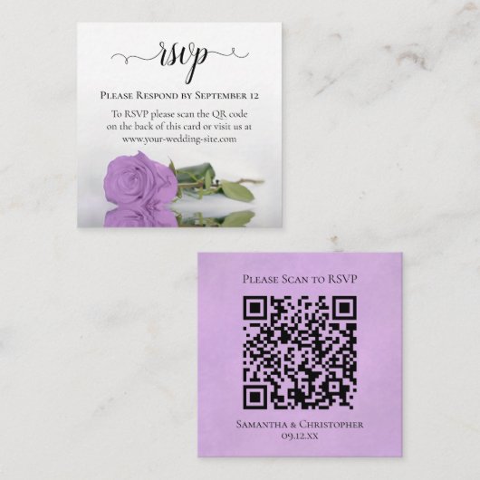 Lila Paarse Roos Elegante bruiloft RSVP QR-code Informatiekaartje (Voorkant / Achterkant)
