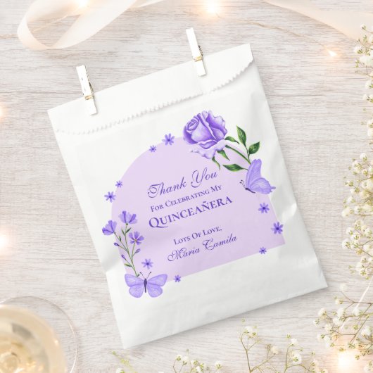 Lila Paarse Rozen & Vlinderbloemige Quinceañera Bedankzakje (Geknipt)