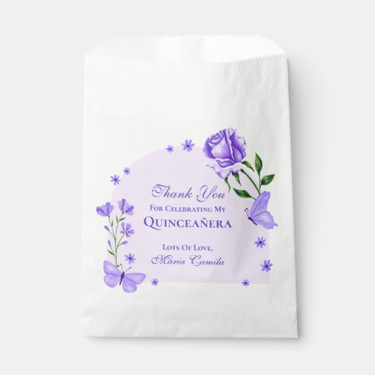 Lila Paarse Rozen & Vlinderbloemige Quinceañera Bedankzakje (Voorkant)