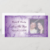 lila paarse scroll blad bruiloft fotokaart save the date (Voorkant / Achterkant)