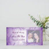 lila paarse scroll blad bruiloft fotokaart save the date (Staand voorkant)
