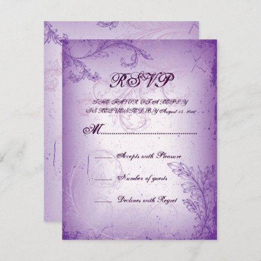  lila paarse scroll leaf bruiloft RSVP kaart (Voorkant / Achterkant)