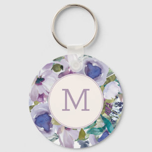 Lila Paarse Stof Blauw Waterverf Bloemrijke Monogr Sleutelhanger