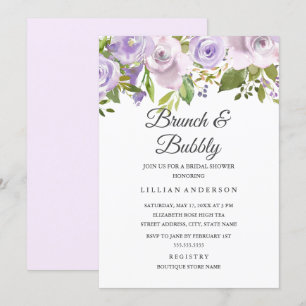 Lila Paarse Waterverf bloemenbrunch en bubbels Kaart